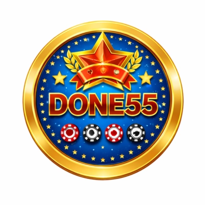 DONE55 Game circular gold badge icon with red star, blue background and poker chips on white background