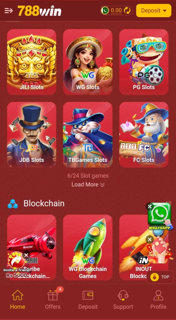 Slot games interface with colorful icons